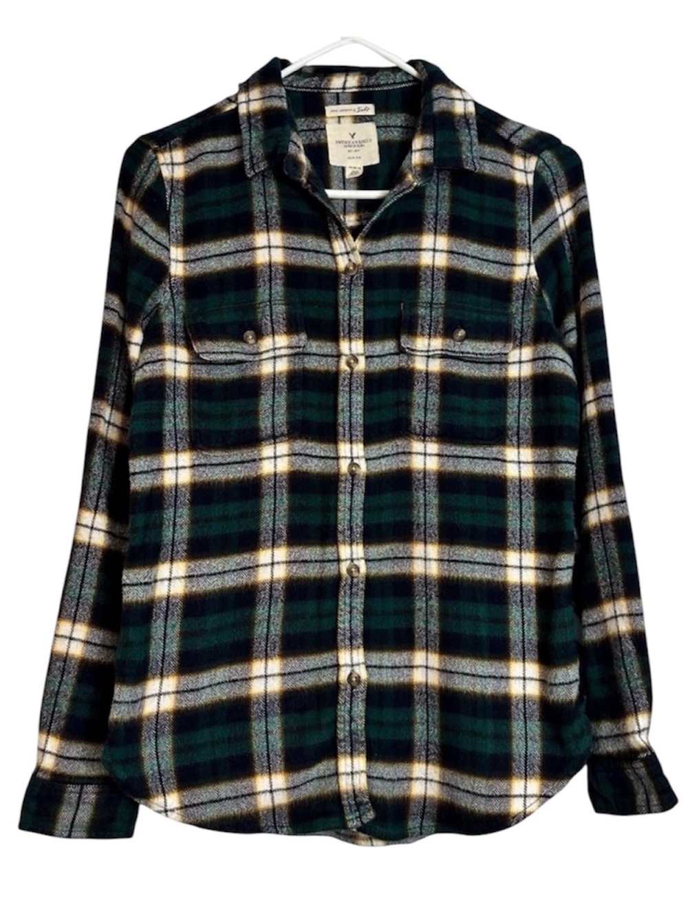 American Eagle Outfitters Amazingly Soft Slim Fit Green Flannel Shirt FLAW